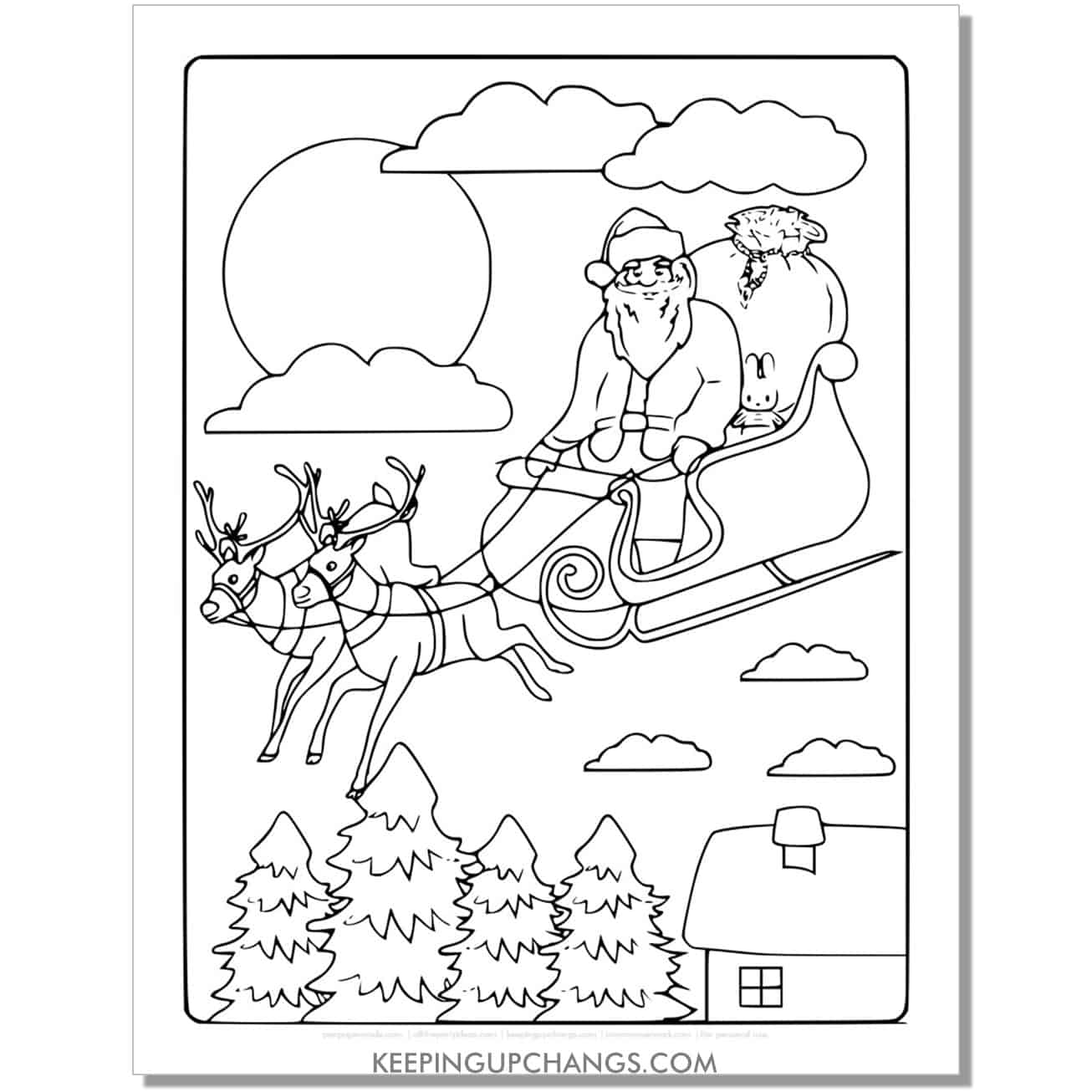 free full size reindeer pulling Santa in sleigh coloring page.