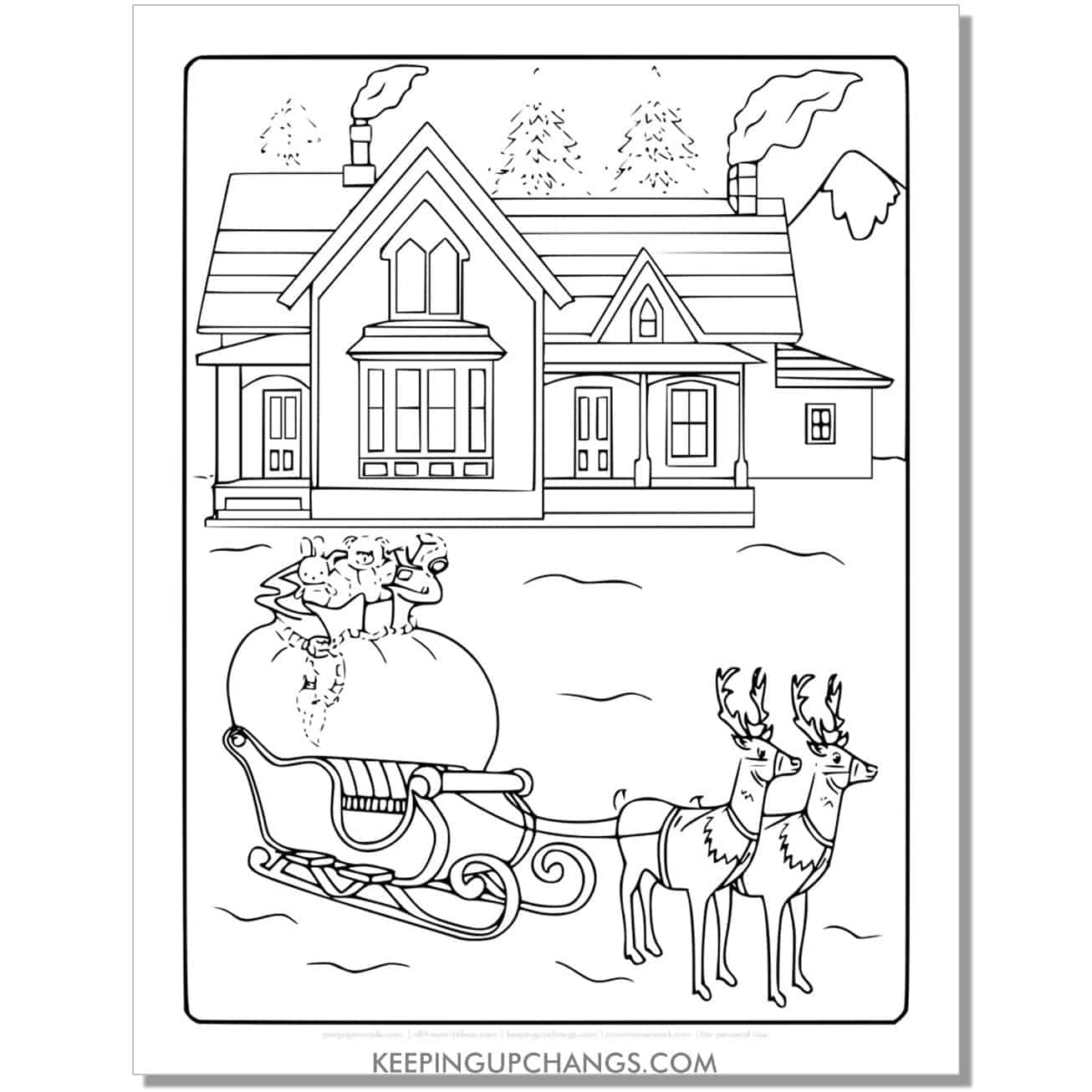 free full size reindeer with sleigh outside house coloring page.