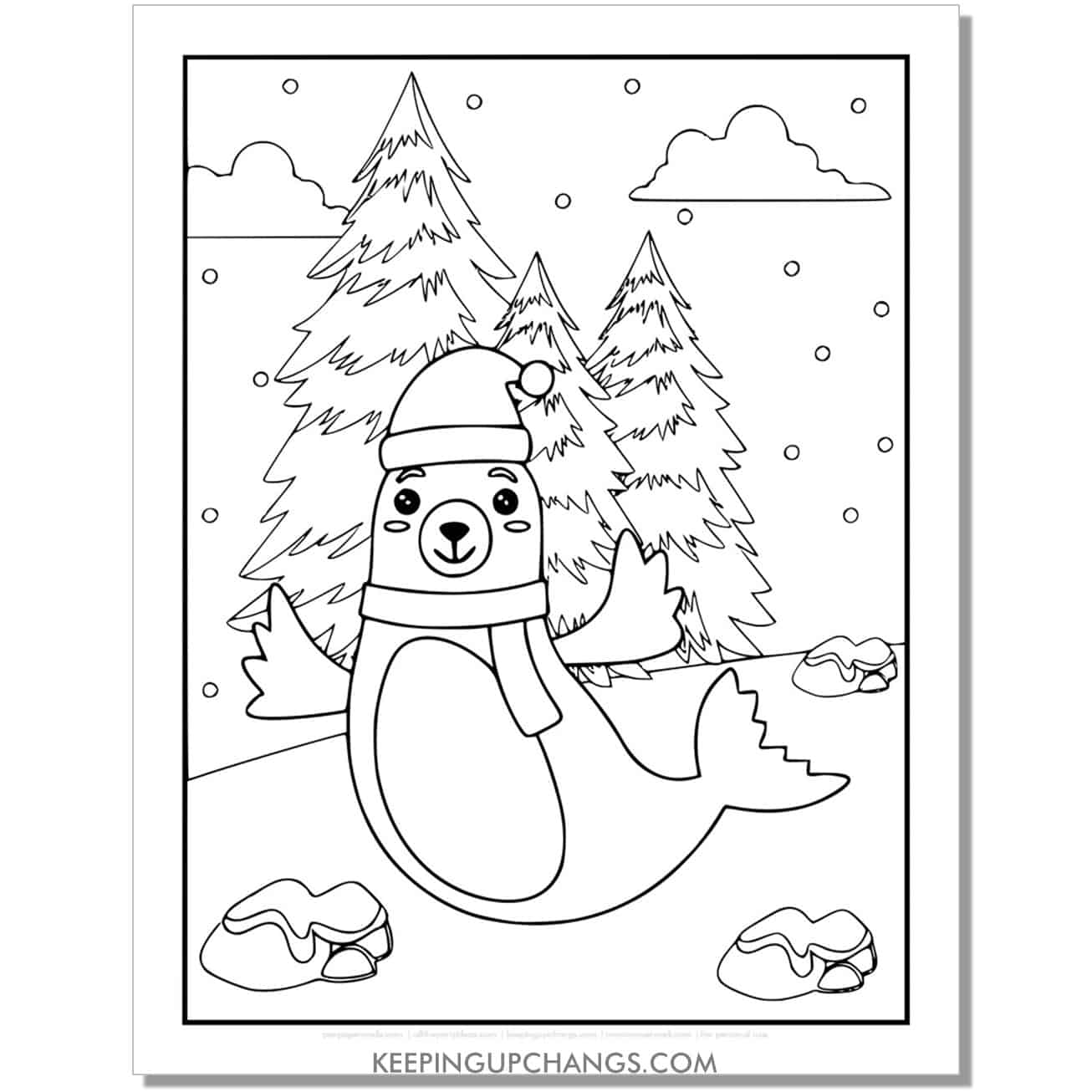 free seal with santa hat full size christmas animal coloring page.