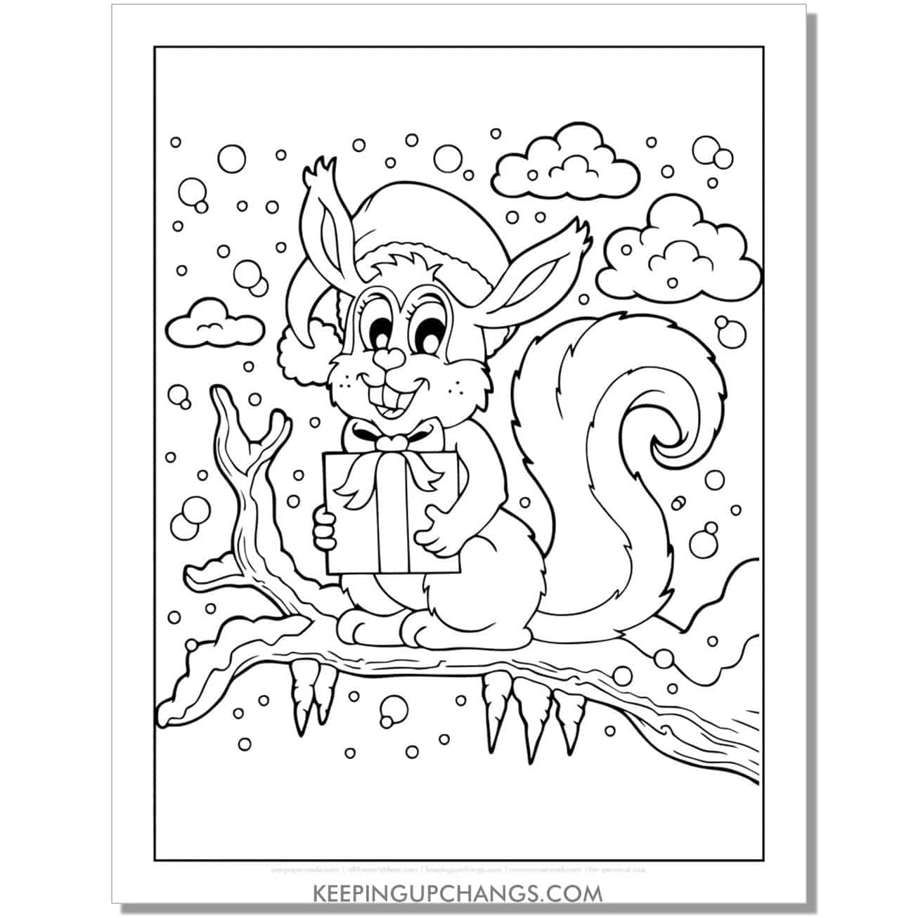 free squirrel in snow full size christmas animal coloring page.