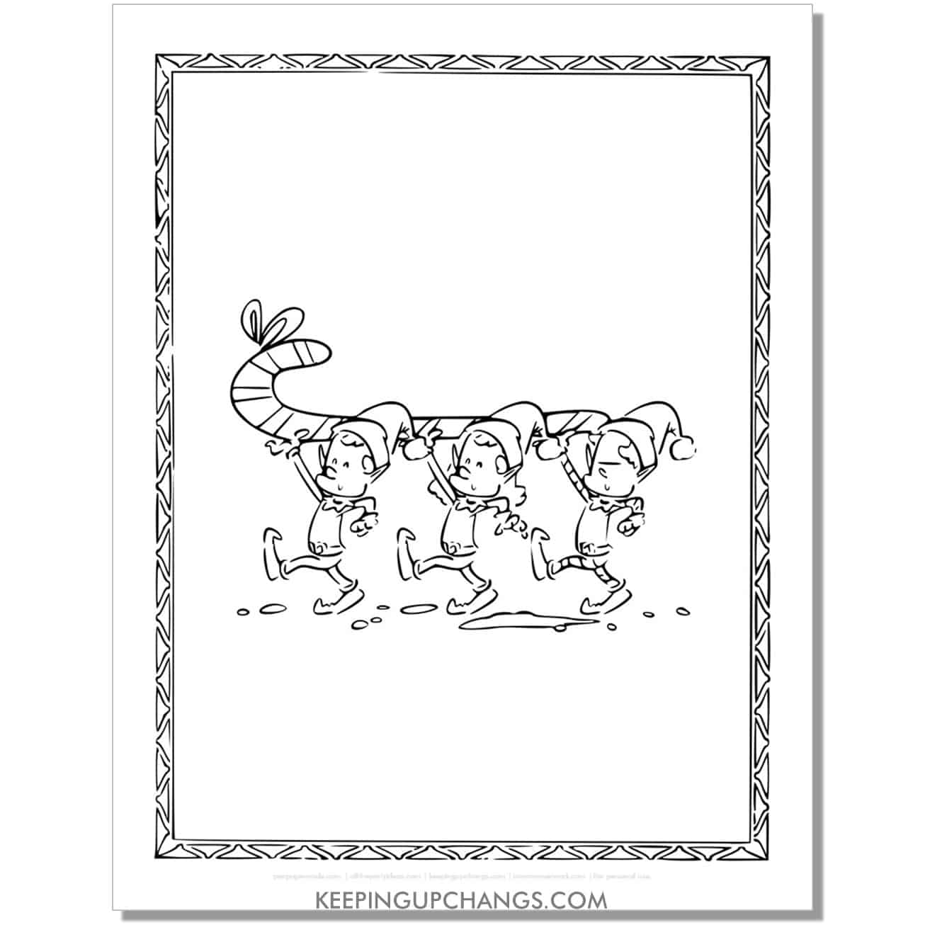 free funny elf carrying candy cane coloring page.