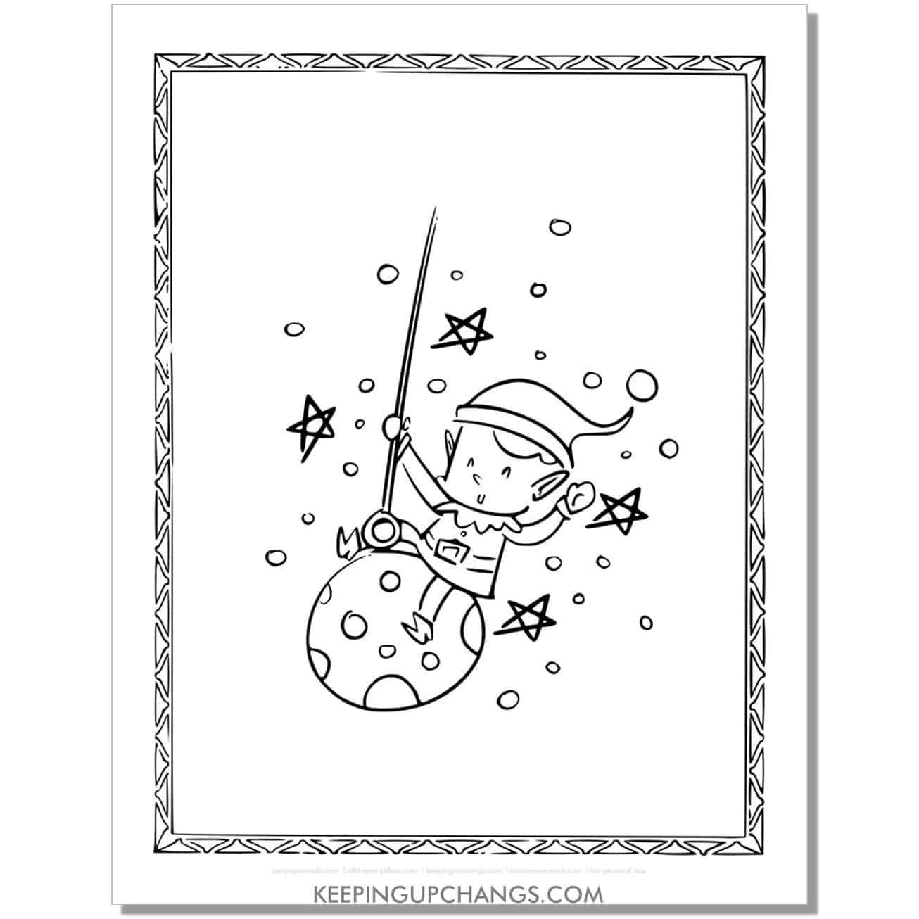 free funny elf swinging on hanging ornament coloring page.