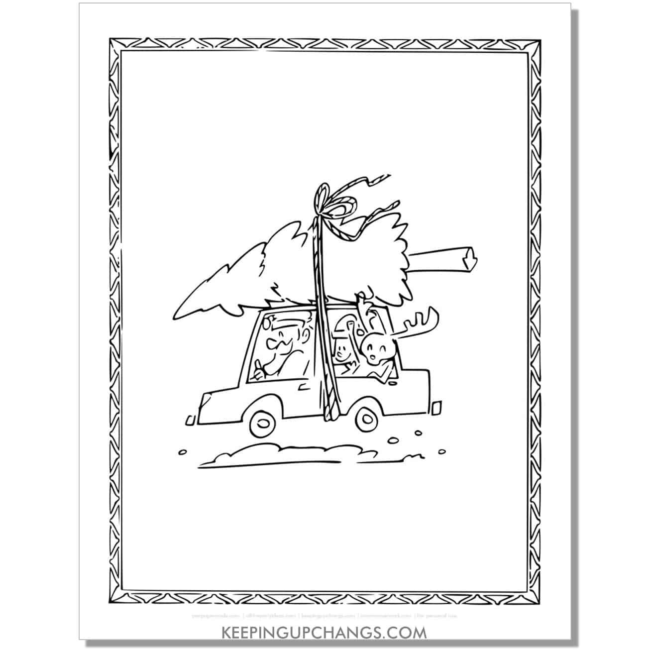 free funny elf, santa, reindeer with fresh cut christmas tree pulling coloring page.