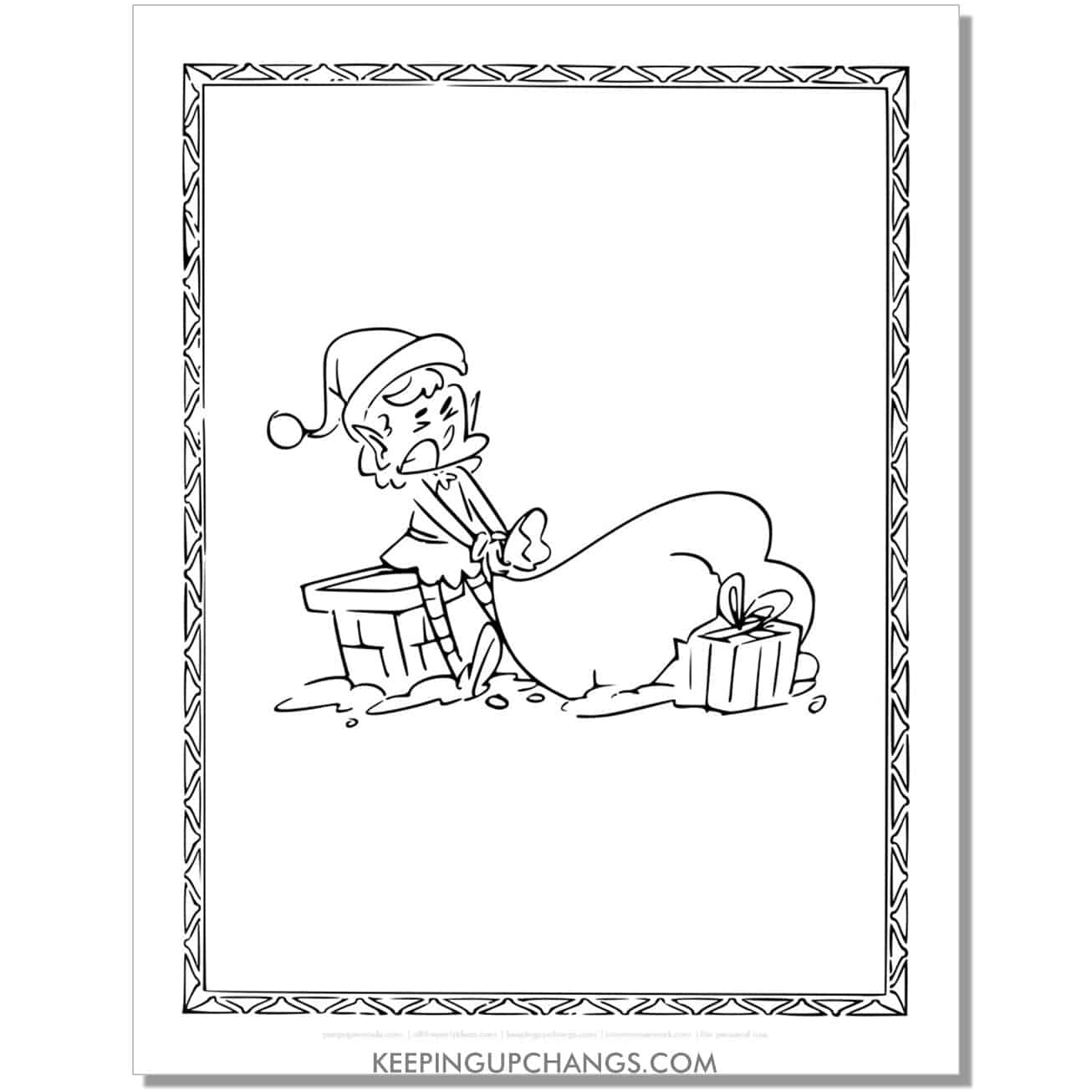 free funny elf dragging santa's sack to chimney top coloring page.