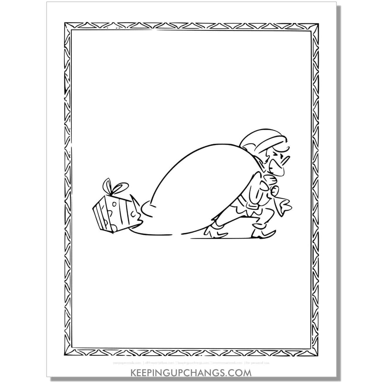 free funny elf pulling heavy sack full of toys coloring page.