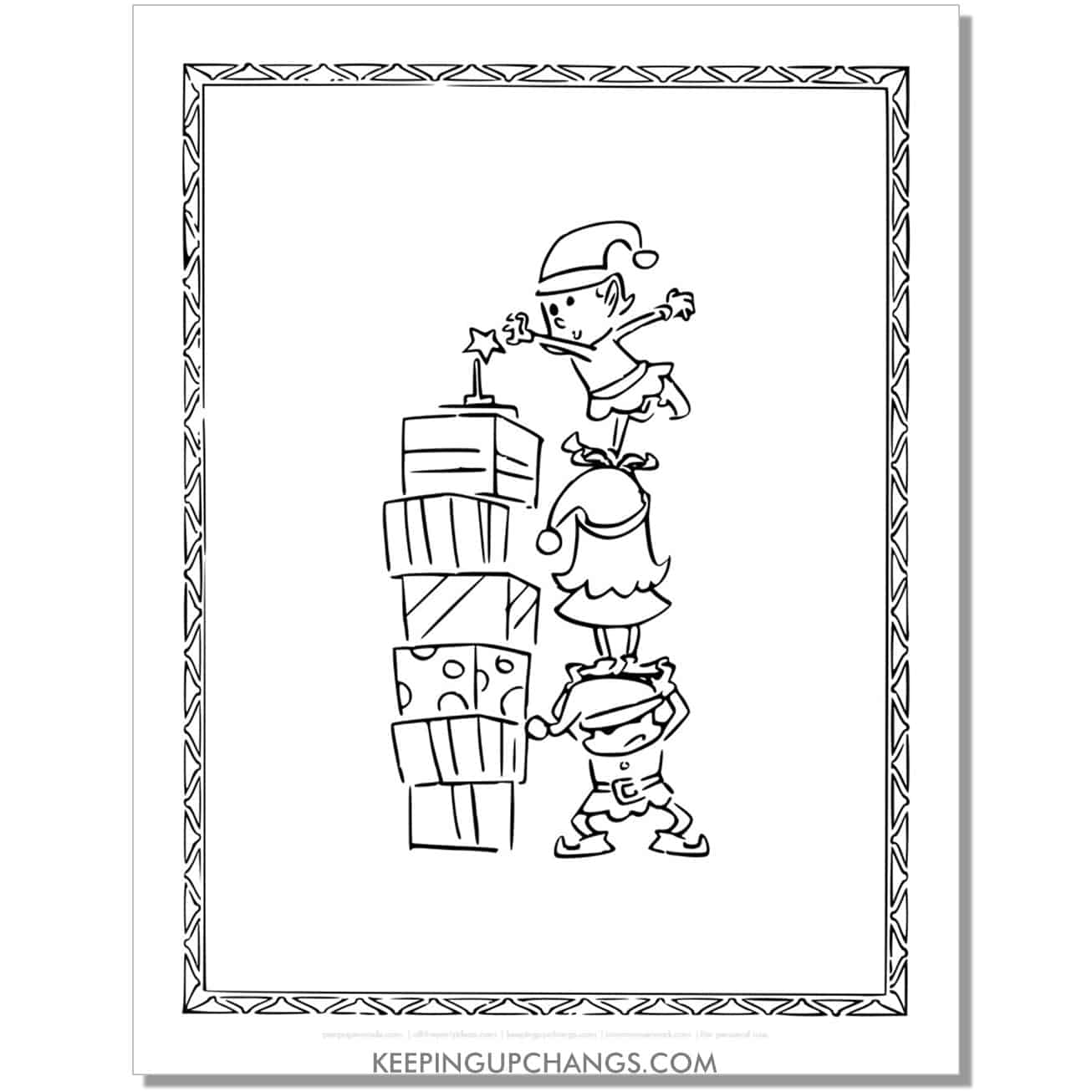 free funny elf with tall stack of gifts coloring page.