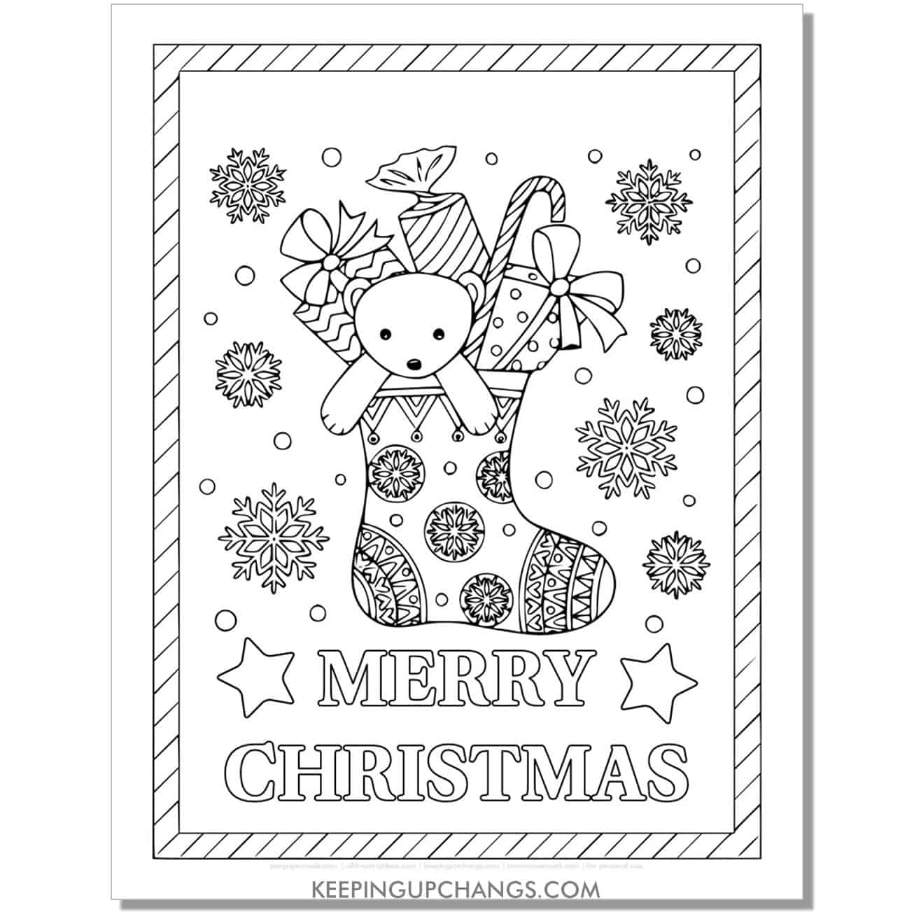 free snowflake zentangle teddy bear merry christmas stocking coloring page.