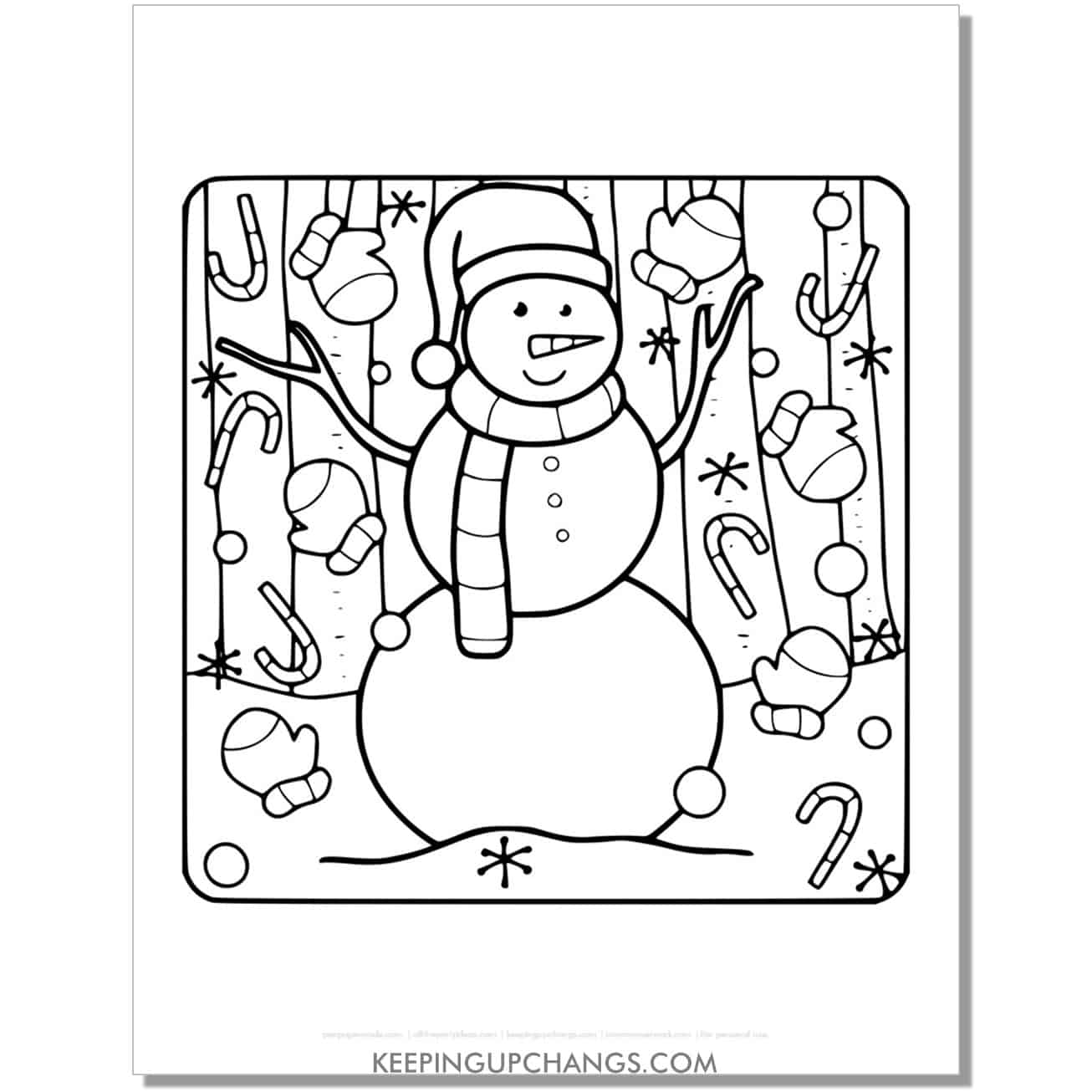free detailed, snowman with mittens, candy canes coloring page.