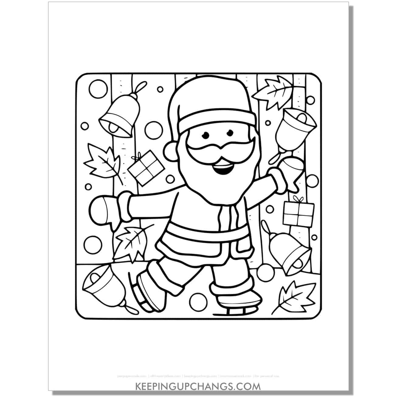 free detailed santa ice skating with jingle bells coloring page.