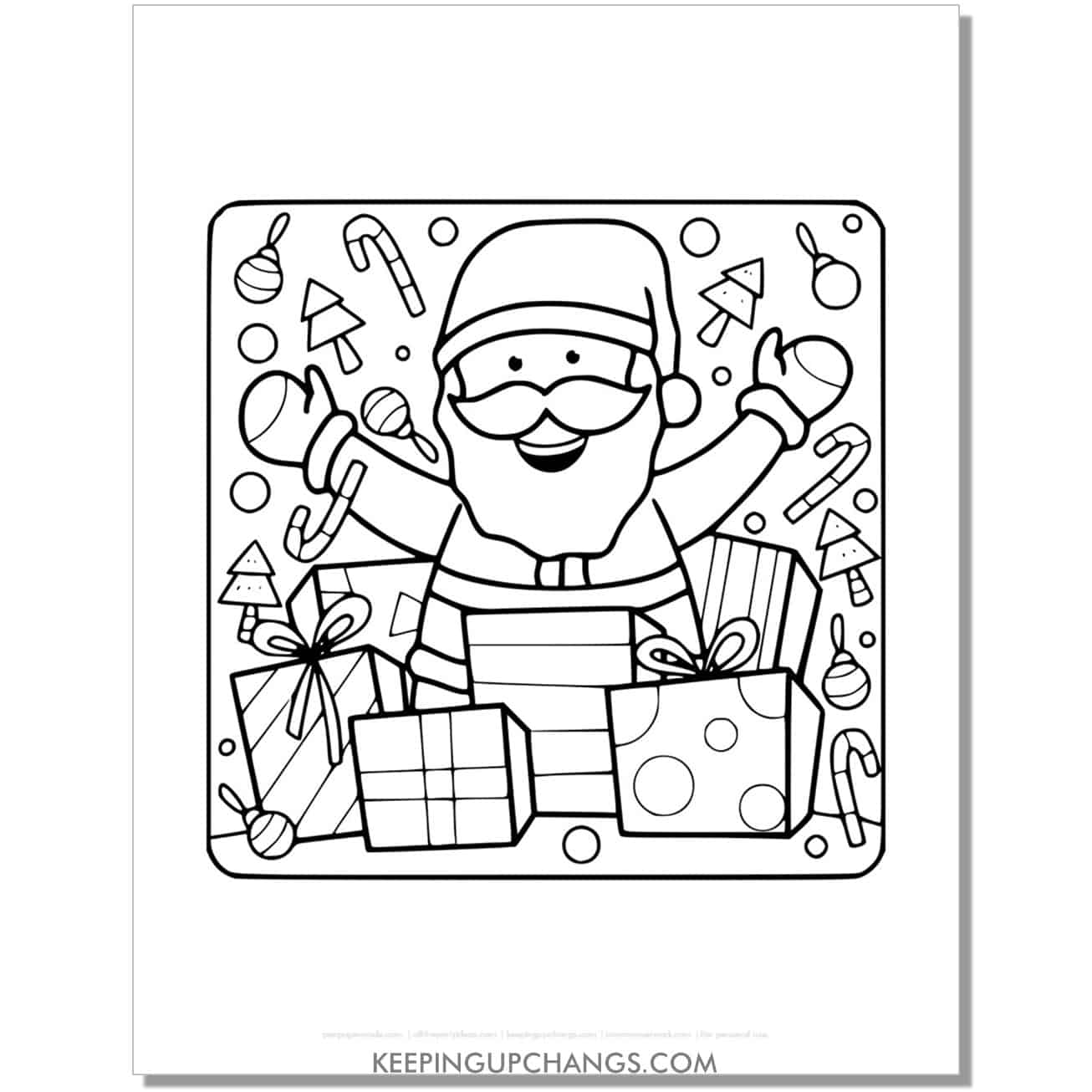 free detailed santa with presents coloring page.
