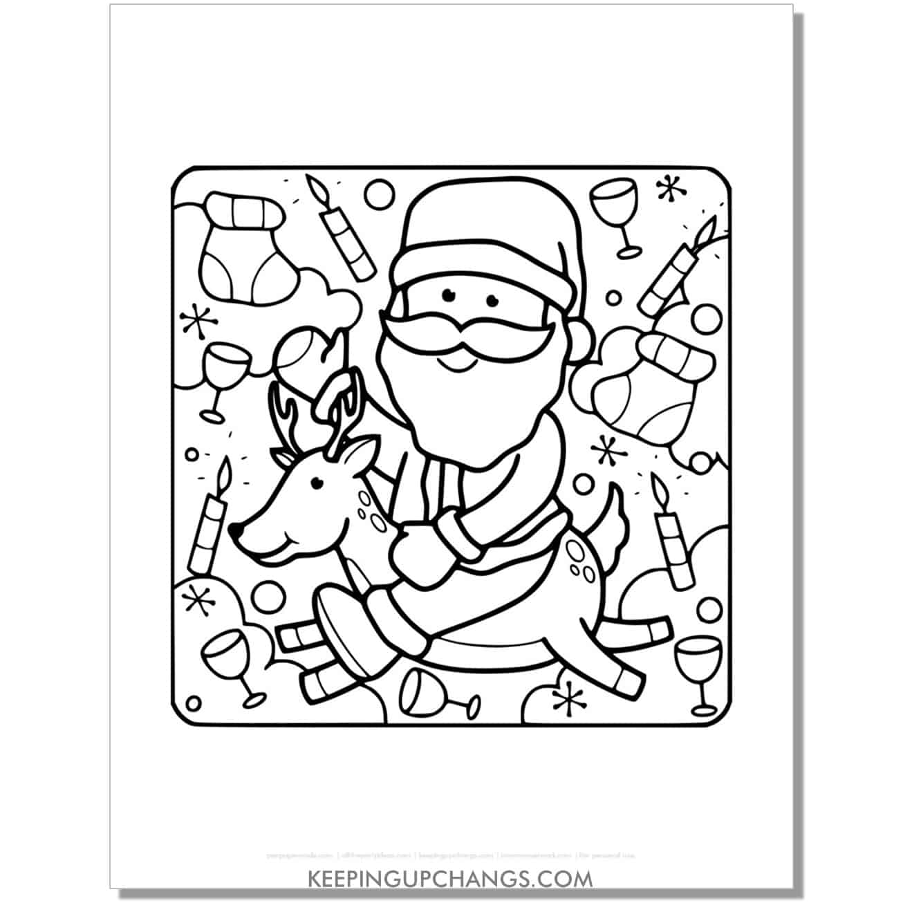 free detailed santa riding rudolph reindeer coloring page.
