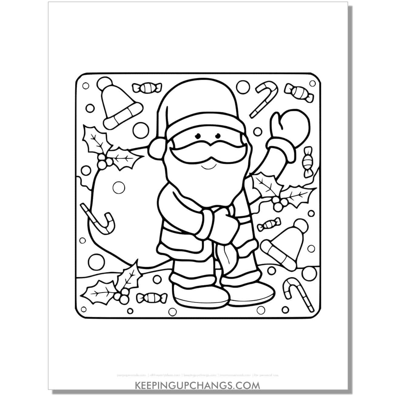 free detailed santa with toy sack coloring page.