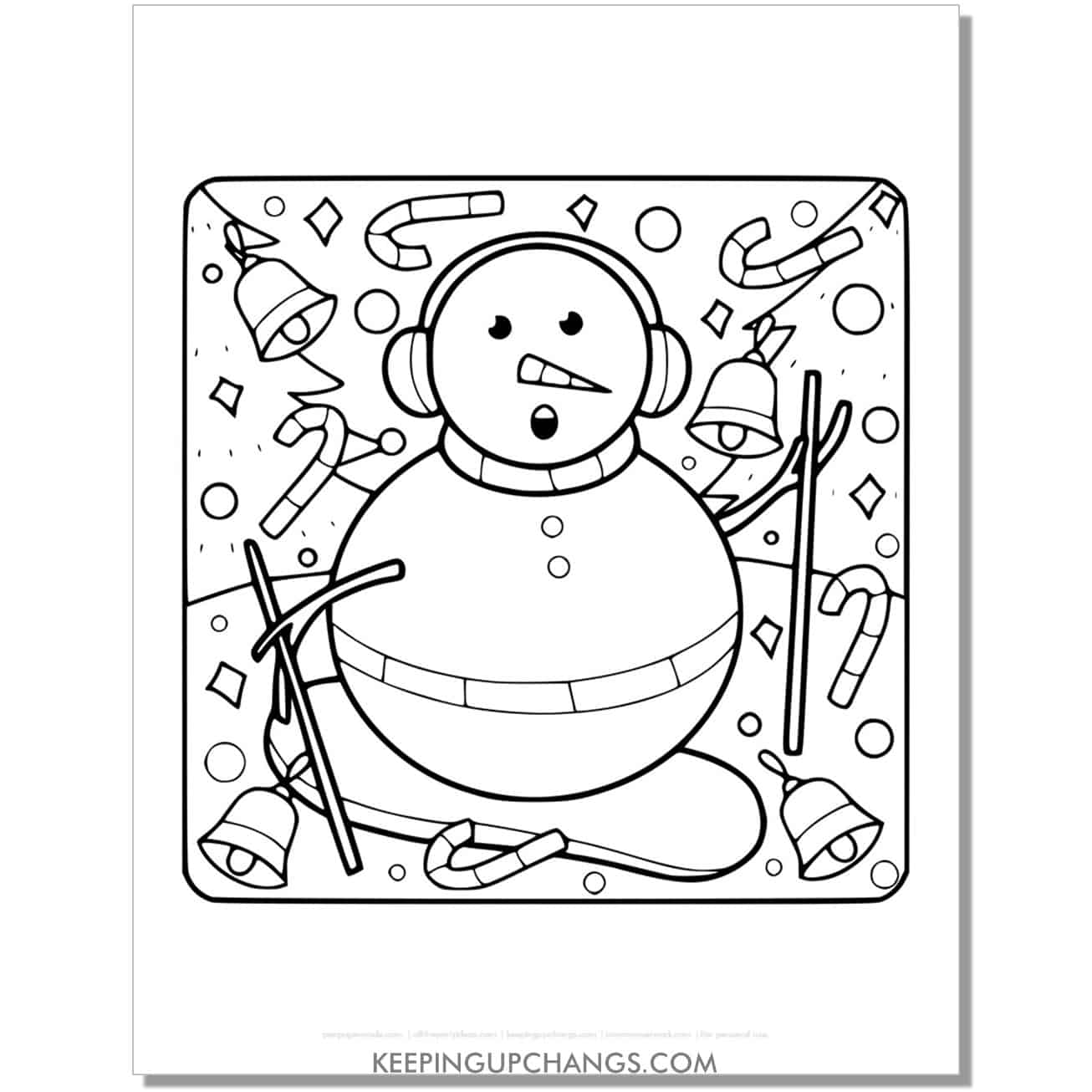 free detailed, snowboarding snowman with candy cane coloring page.