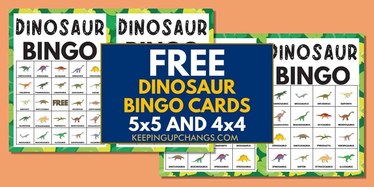 free dinosaur bingo cards 5x5 4x4 for birthday party, wedding, baby shower.