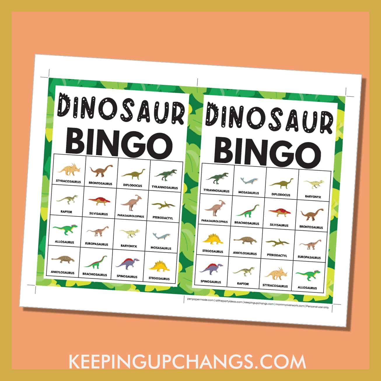 free dinosaur bingo card 4x4 5x7 game boards with images and text words.