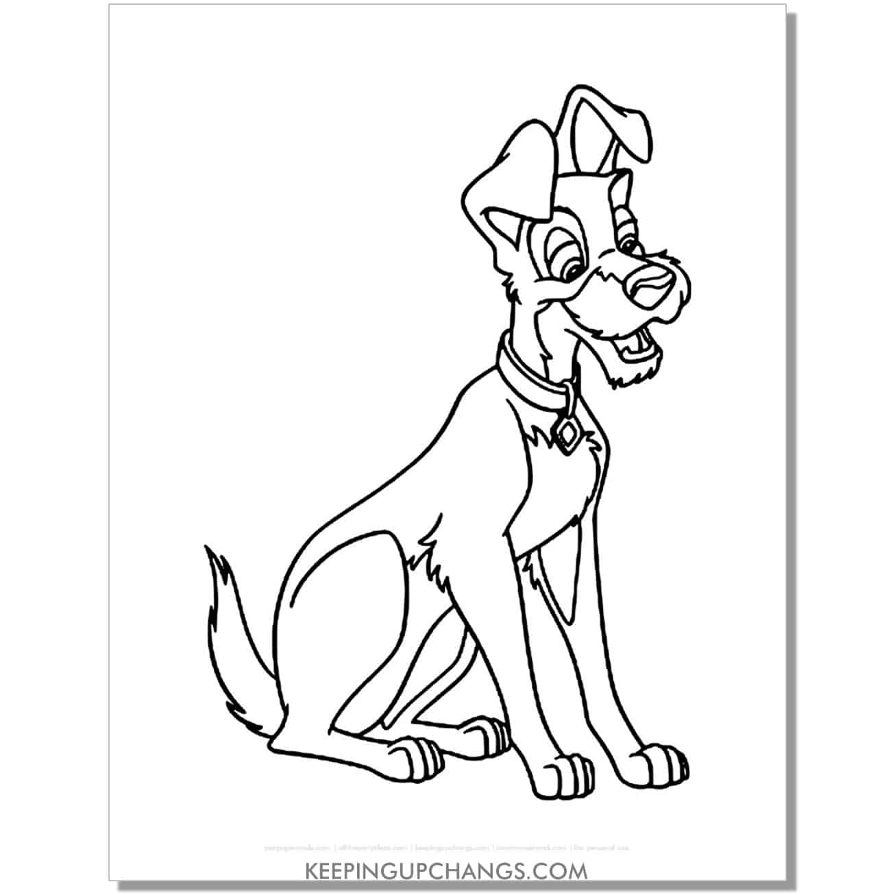 free tramp sitting from lady and the tramp coloring page, sheet.
