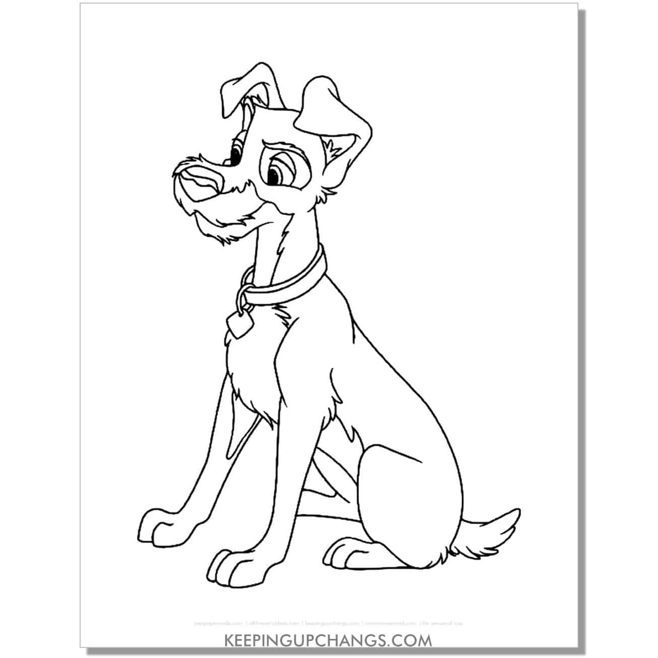 free tramp sitting from lady and the tramp coloring page, sheet.