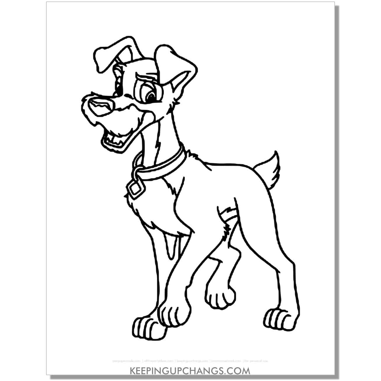 free tramp standing from lady and the tramp coloring page, sheet.