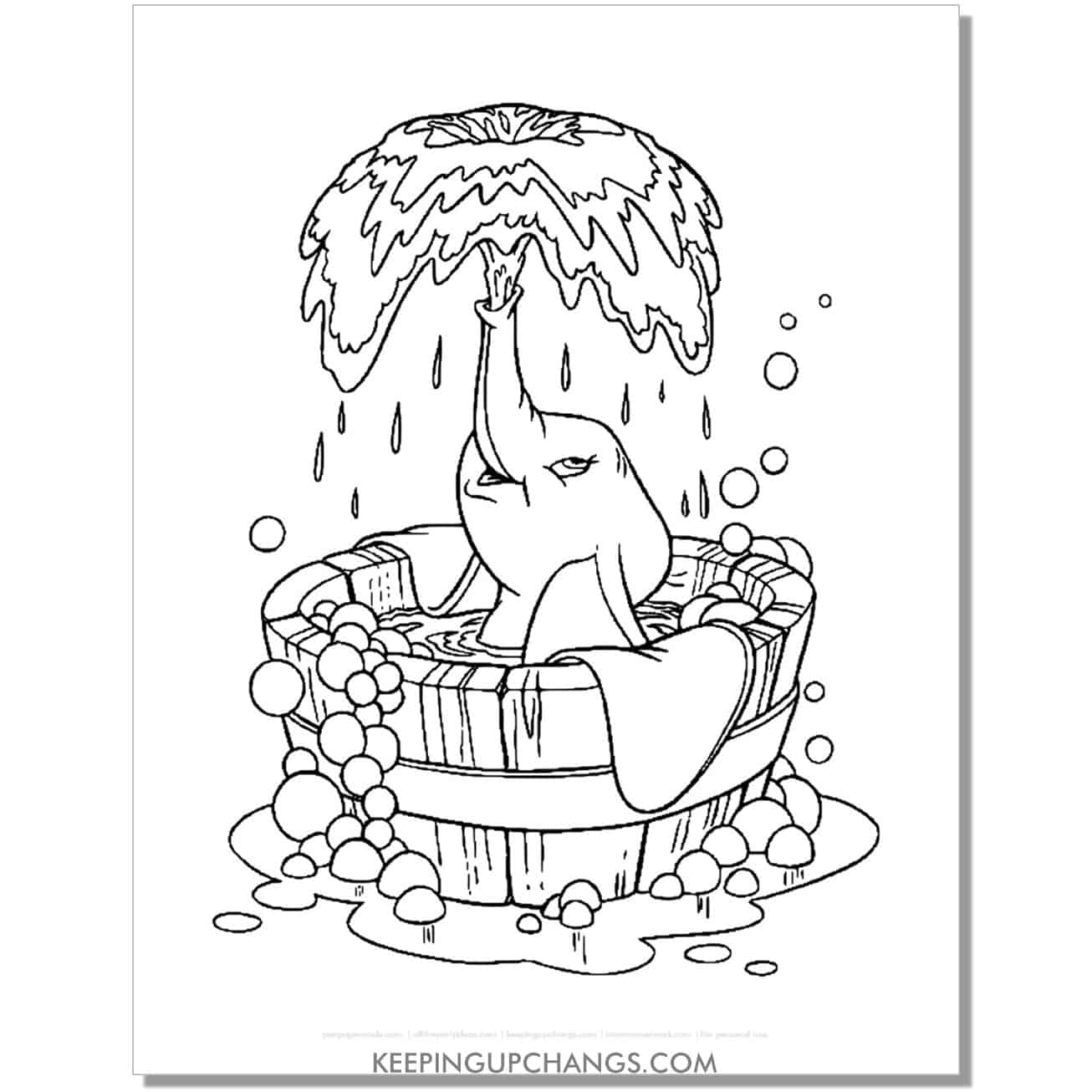 dumbo spouting water from nose coloring page, sheet.