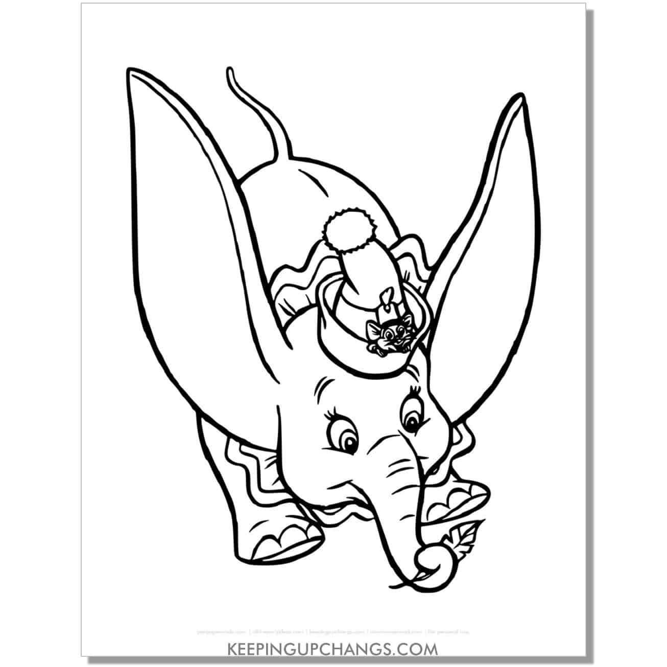 dumbo flying with mouse in hat coloring page, sheet.