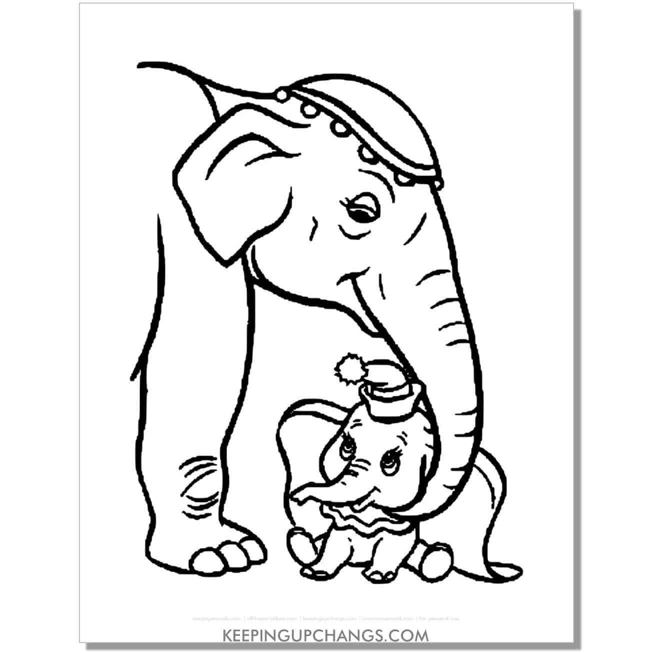 dumbo and mother mrs. jumbo coloring page, sheet.