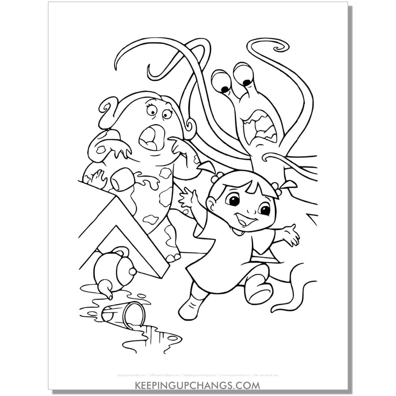 boo running wild monsters inc coloring page, sheet.