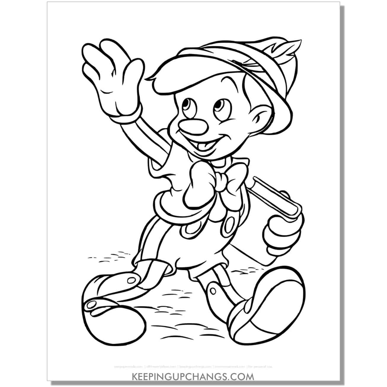 pinocchio waving arm coloring page, sheet.