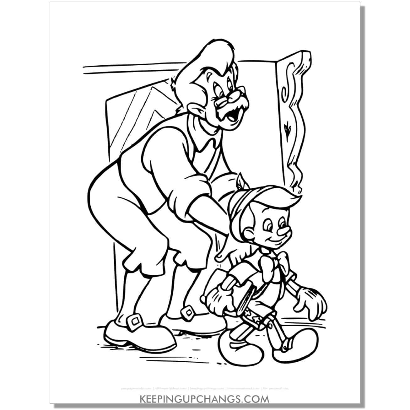 pinocchio with geppetto coloring page, sheet.
