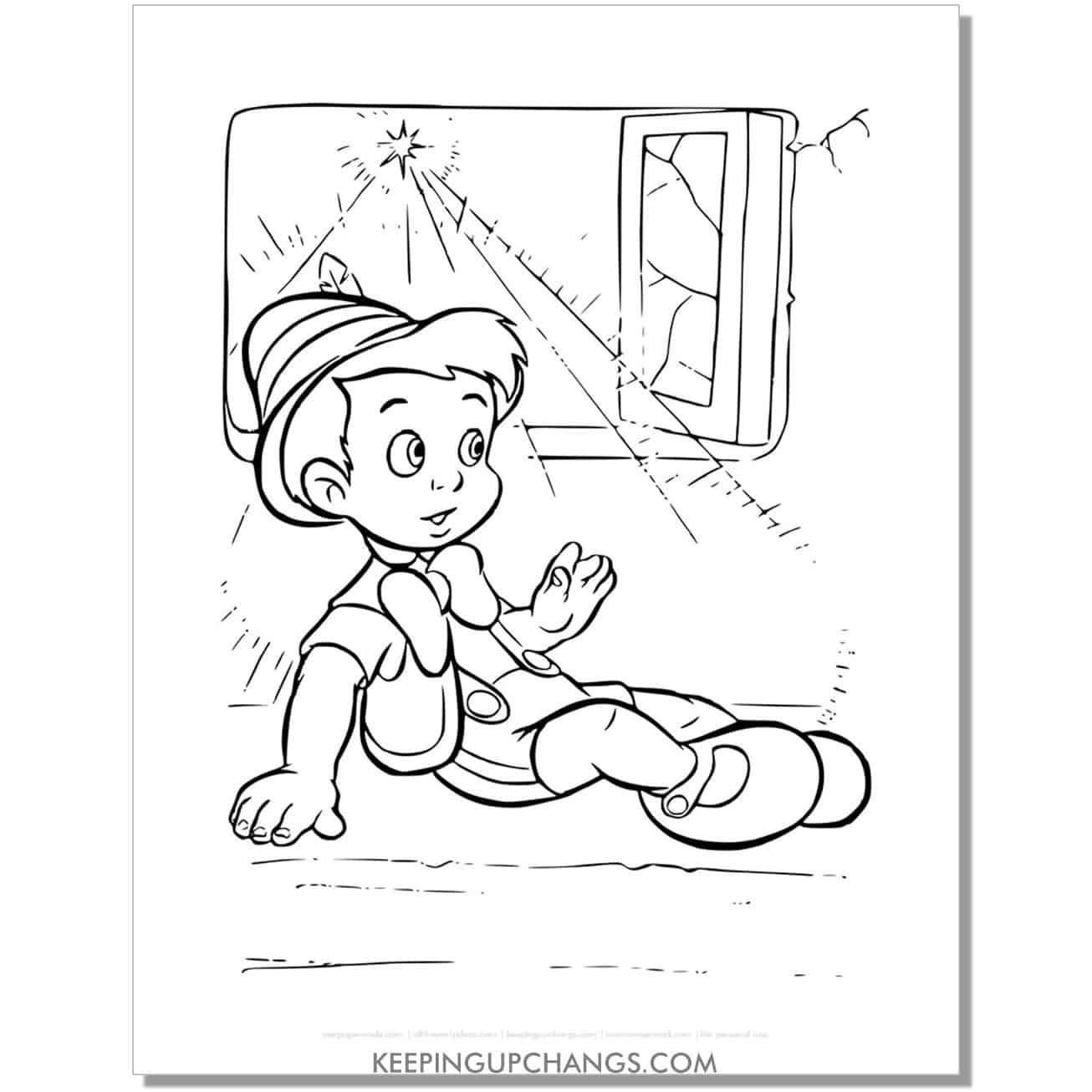 pinocchio sitting by window coloring page, sheet.