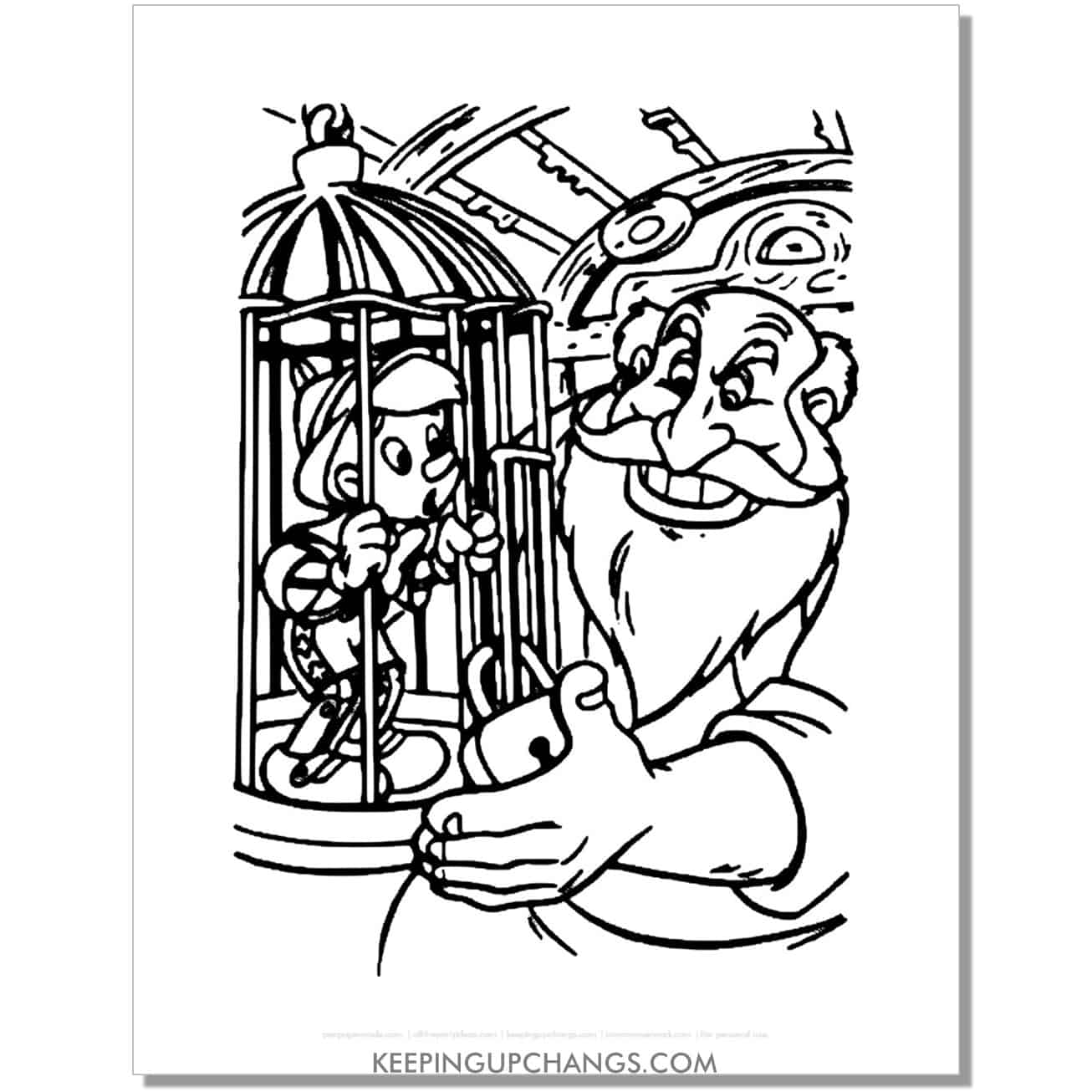pinocchio locked in cage by stromboli coloring page, sheet.
