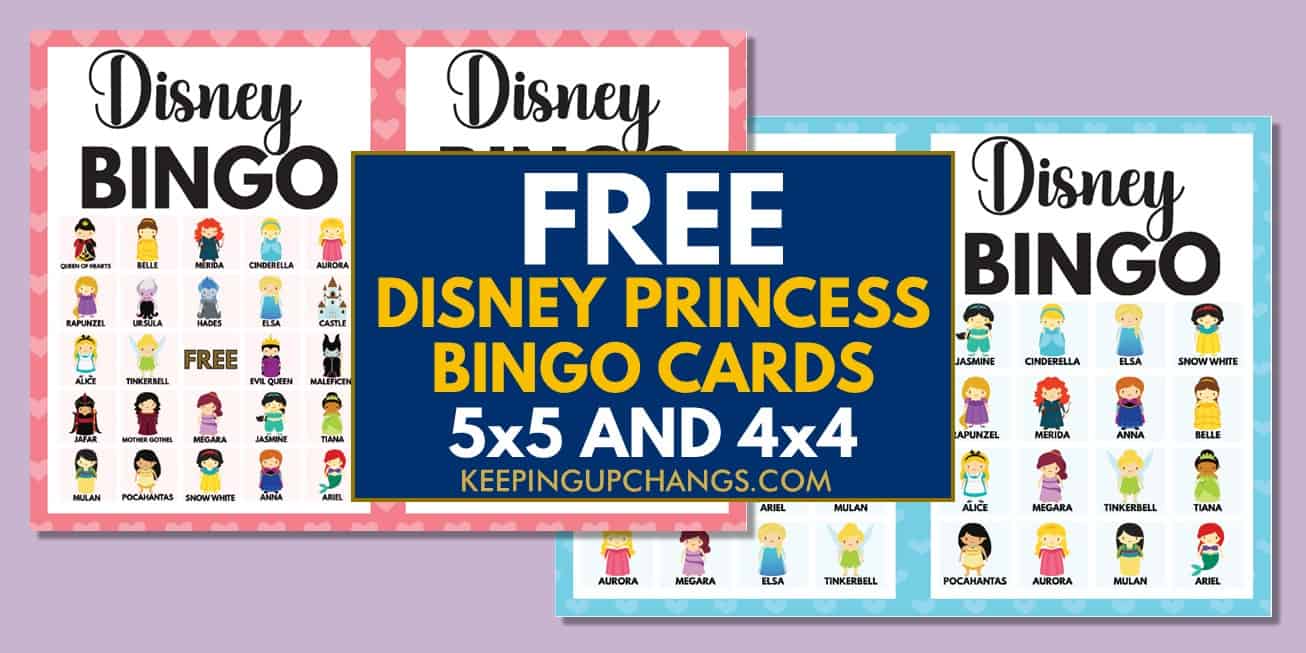 free disney princess bingo cards 5x5 4x4 for birthday party, wedding, baby shower.