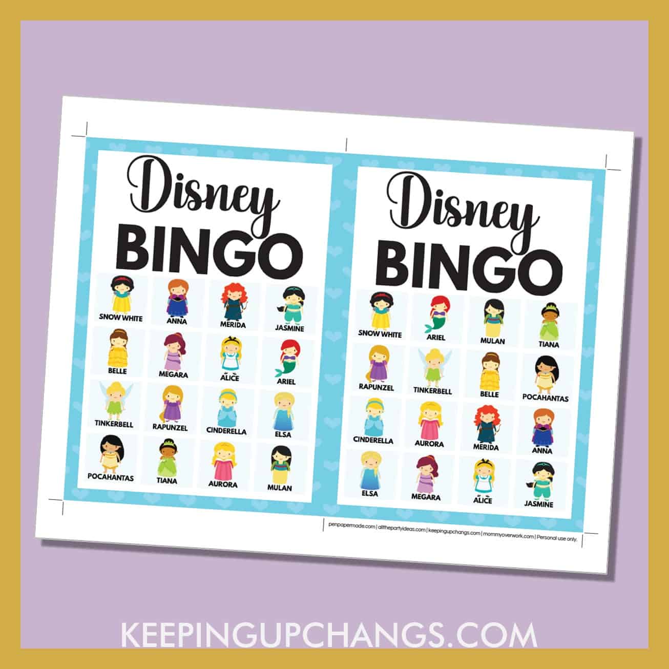 free disney princess bingo card 4x4 5x7 game boards with images and text words.