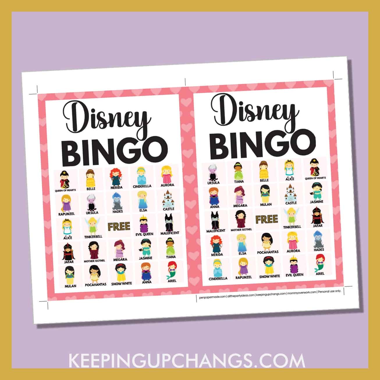 free disney princess bingo card 5x5 5x7 game boards with images and text words.