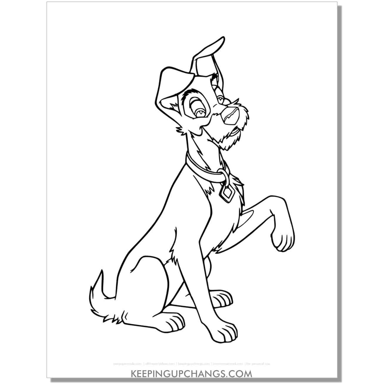 free tramp sit with one paw up from lady and the tramp coloring page, sheet.