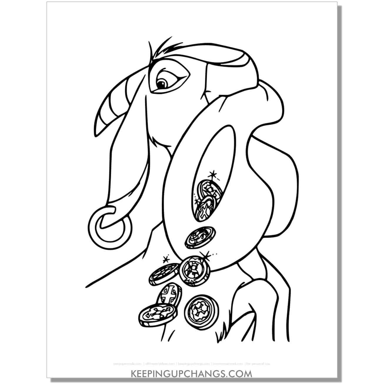 free djali with bag of coins hunchback notre dame coloring page, sheet.
