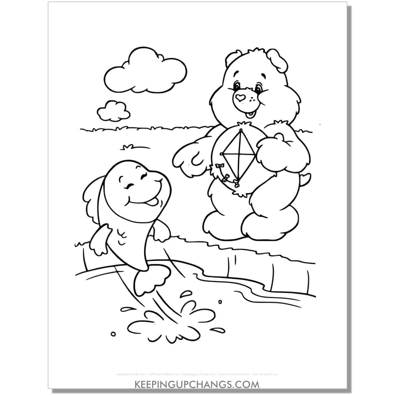 do your best bear at lake with fish care bear coloring page, sheet.