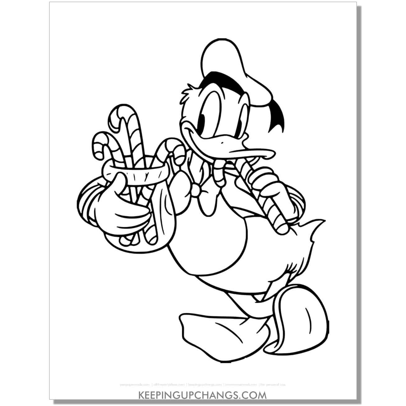 free donald duck and candy cane jar coloring page, sheet.