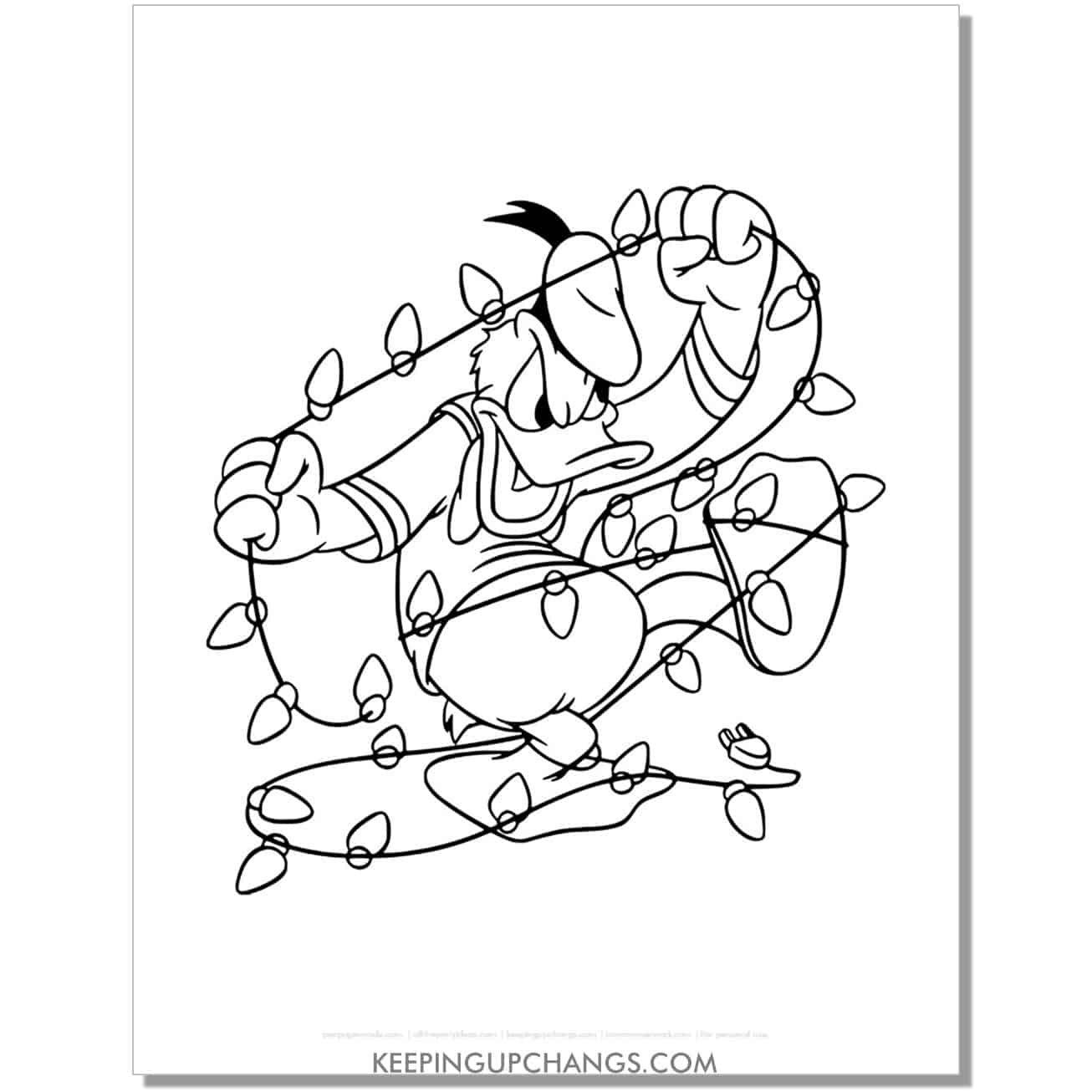 free donald duck tangled in christmas lights coloring page, sheet.