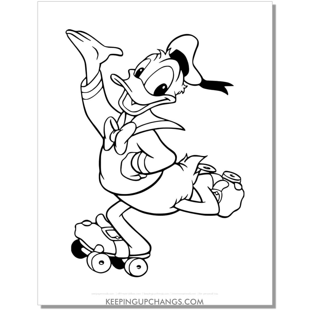 free donald duck on rollerskates coloring page, sheet.