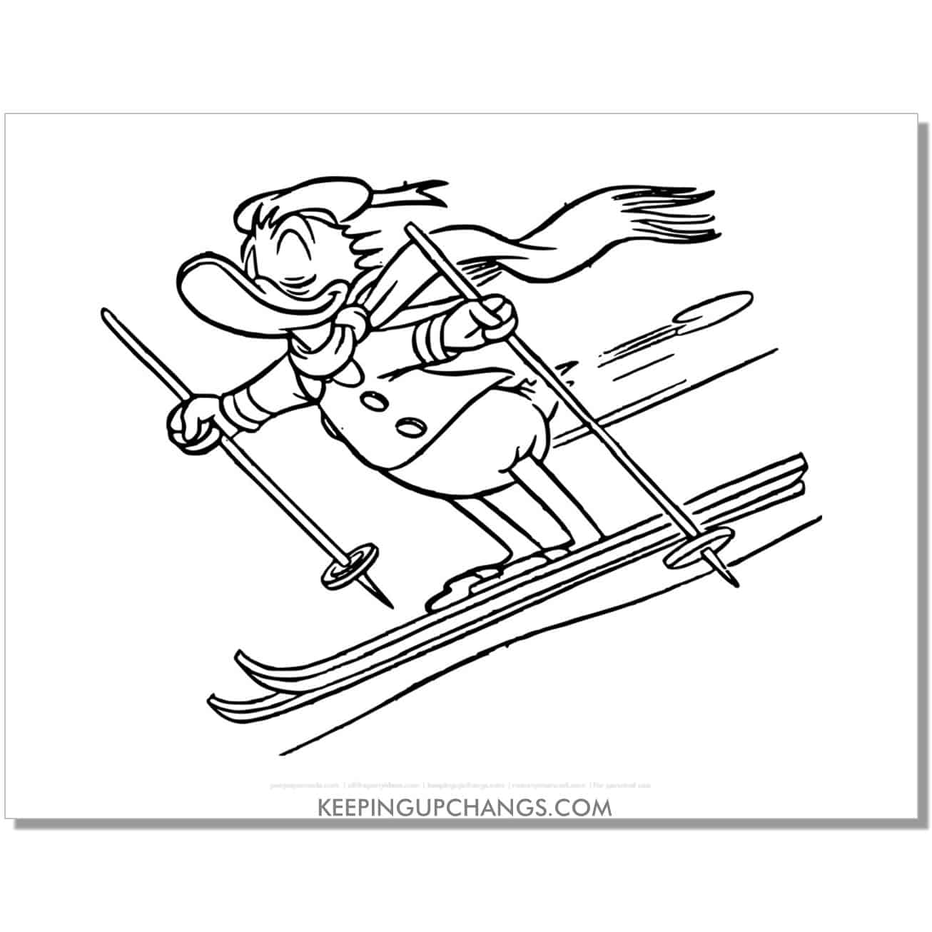 free donald duck skiing down mountain coloring page, sheet.