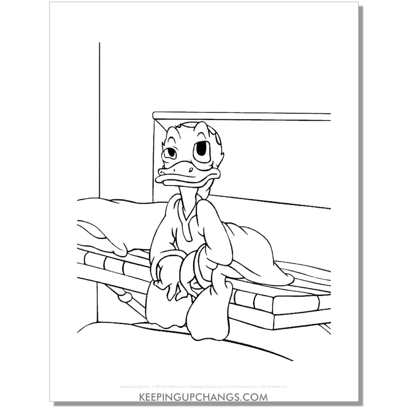free donald duck just woke up coloring page, sheet.