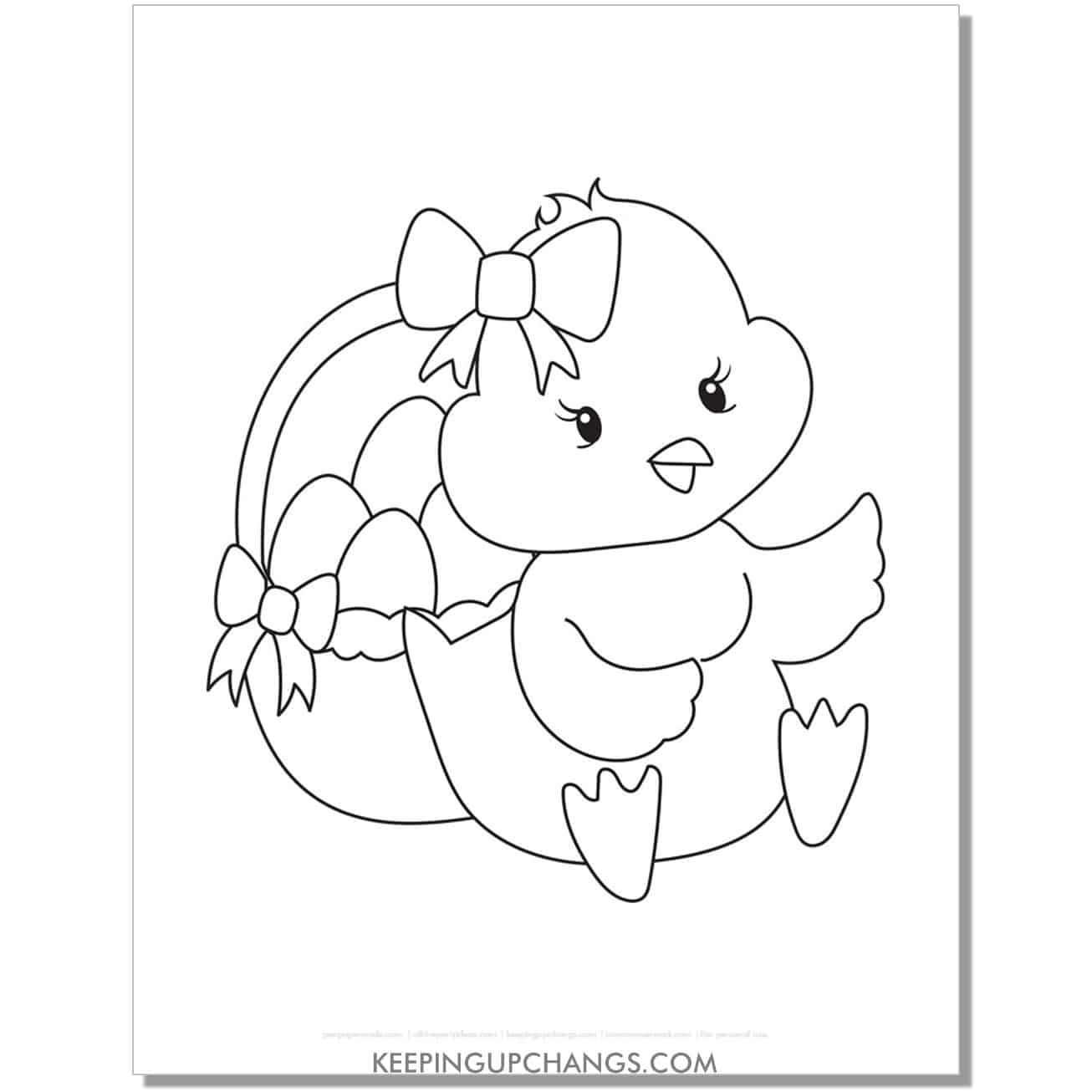 Easter basket next to adorable baby chick coloring page, sheet.