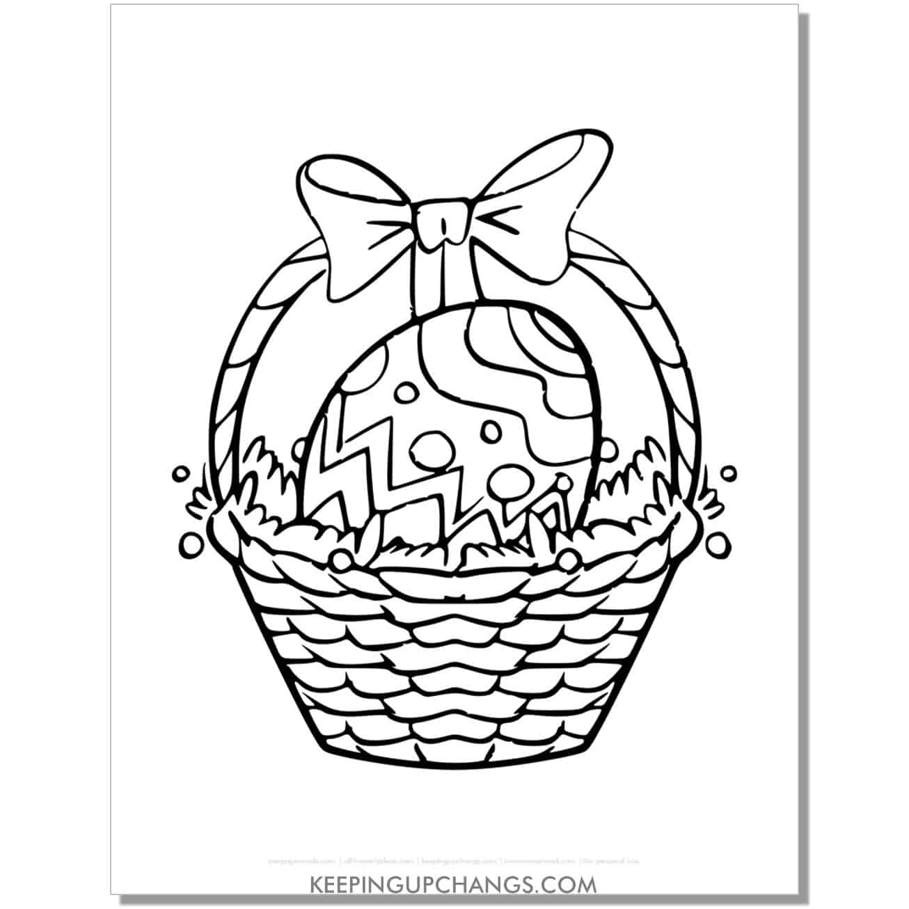 drawing of Easter basket with one large egg coloring page, sheet.