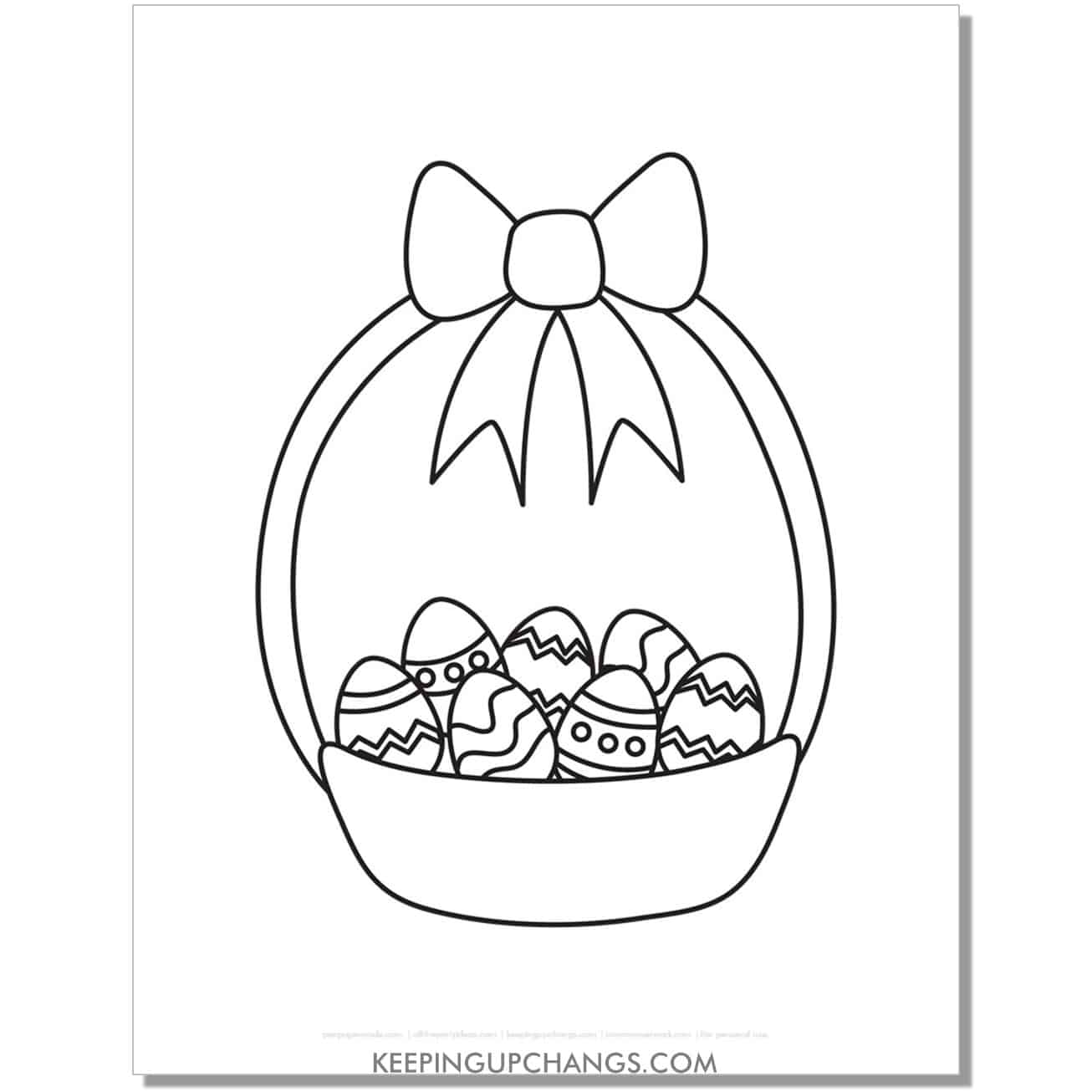 Easter basket with lots of cute eggs coloring page, sheet.