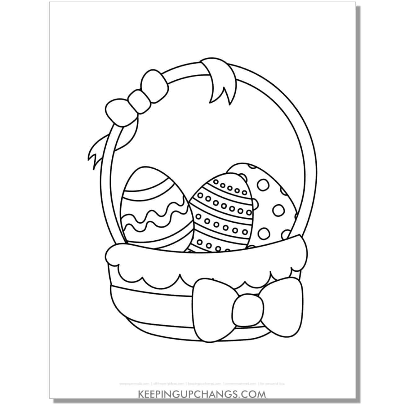 Easter basket with swirly, spotted, and patterned eggs coloring page, sheet.