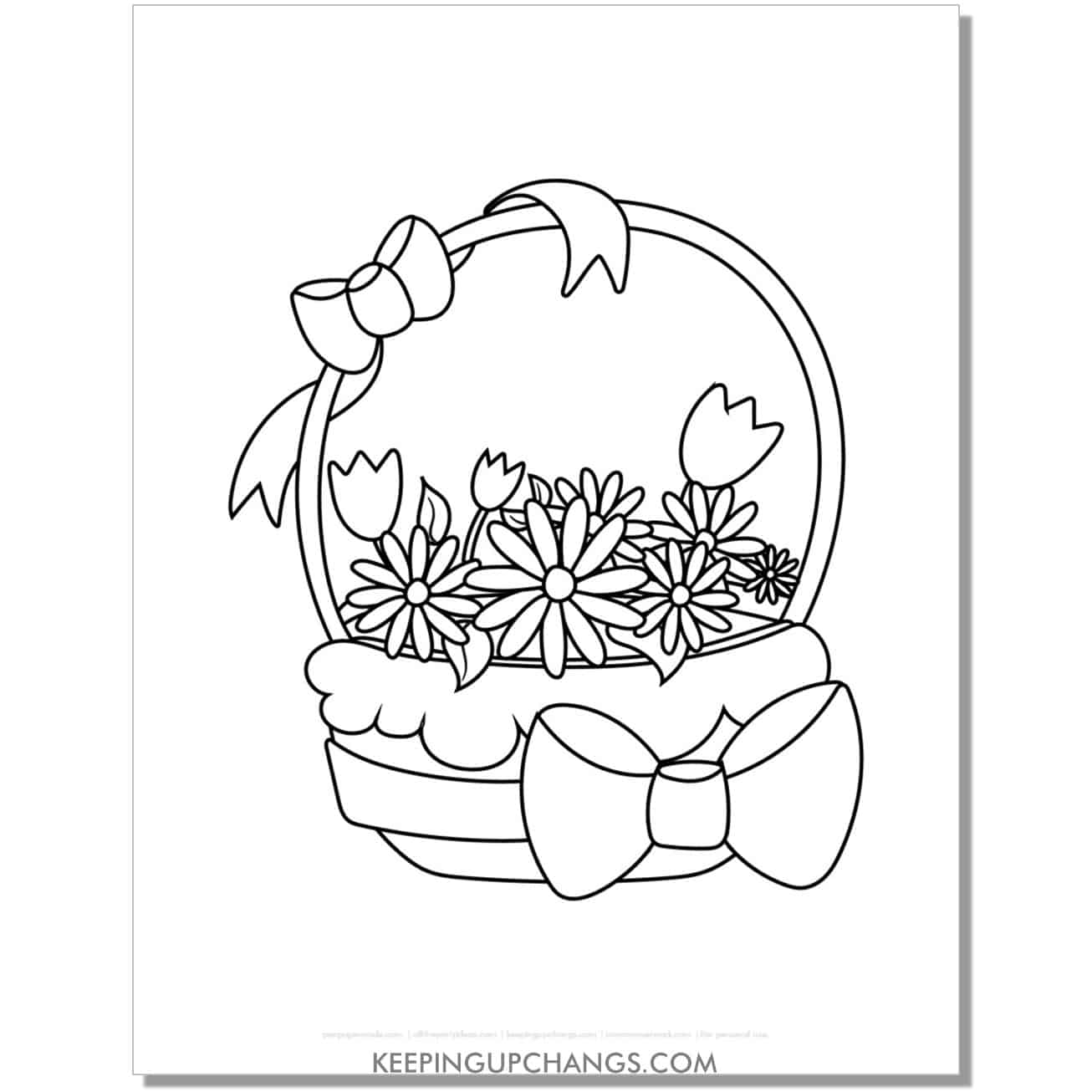 Easter basket full of tulips and flowers coloring page, sheet.