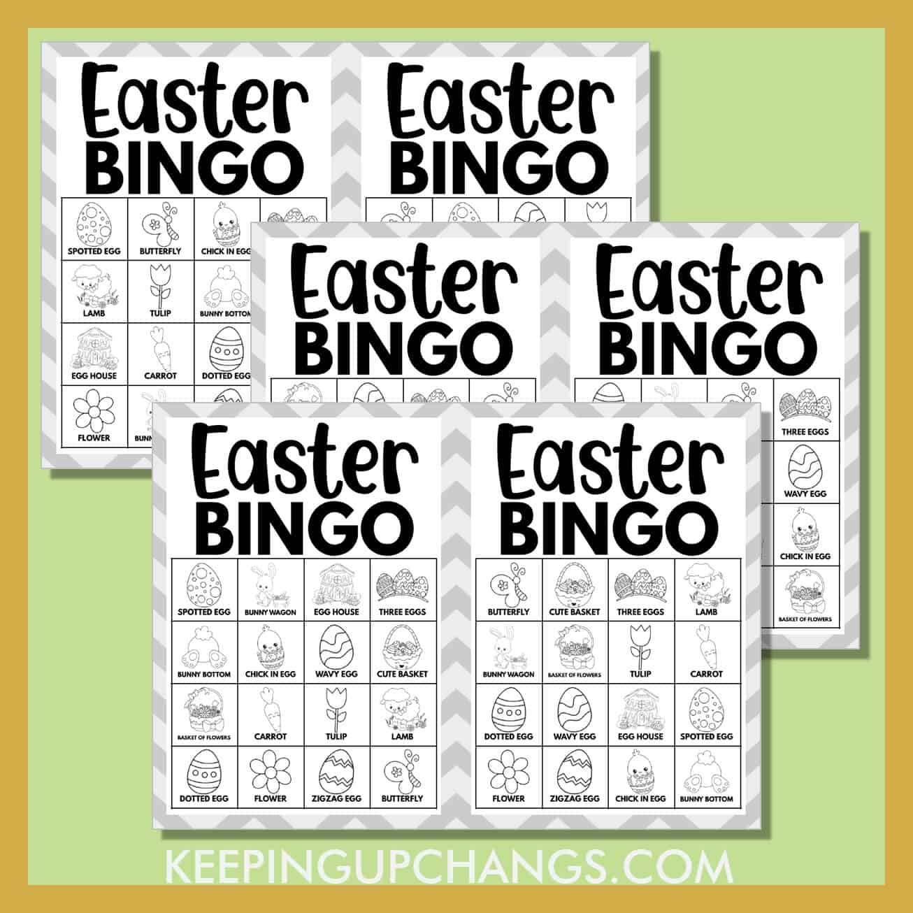 free easter bingo cards 4x4 black white coloring for party, school, group.