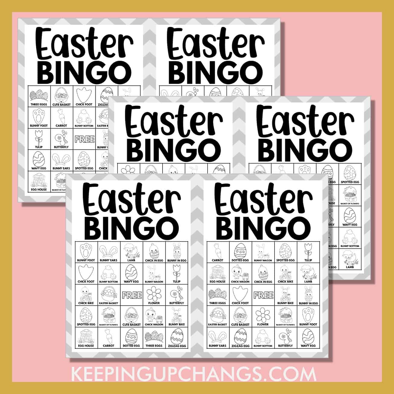free easter bingo cards 5x5 black white coloring for party, school, group.