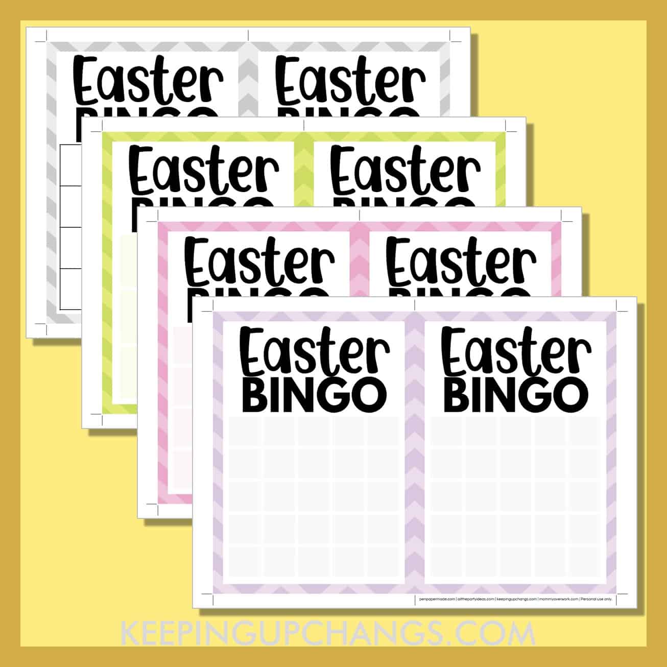 free blank easter bingo card printable templates in 3x3, 4x4 and 5x5 grids.