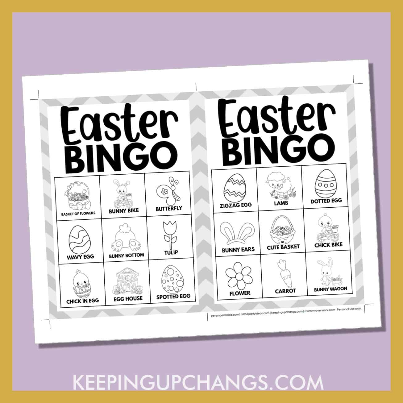 free easter bingo card 3x3 5x7 black white coloring game boards with images and text words.